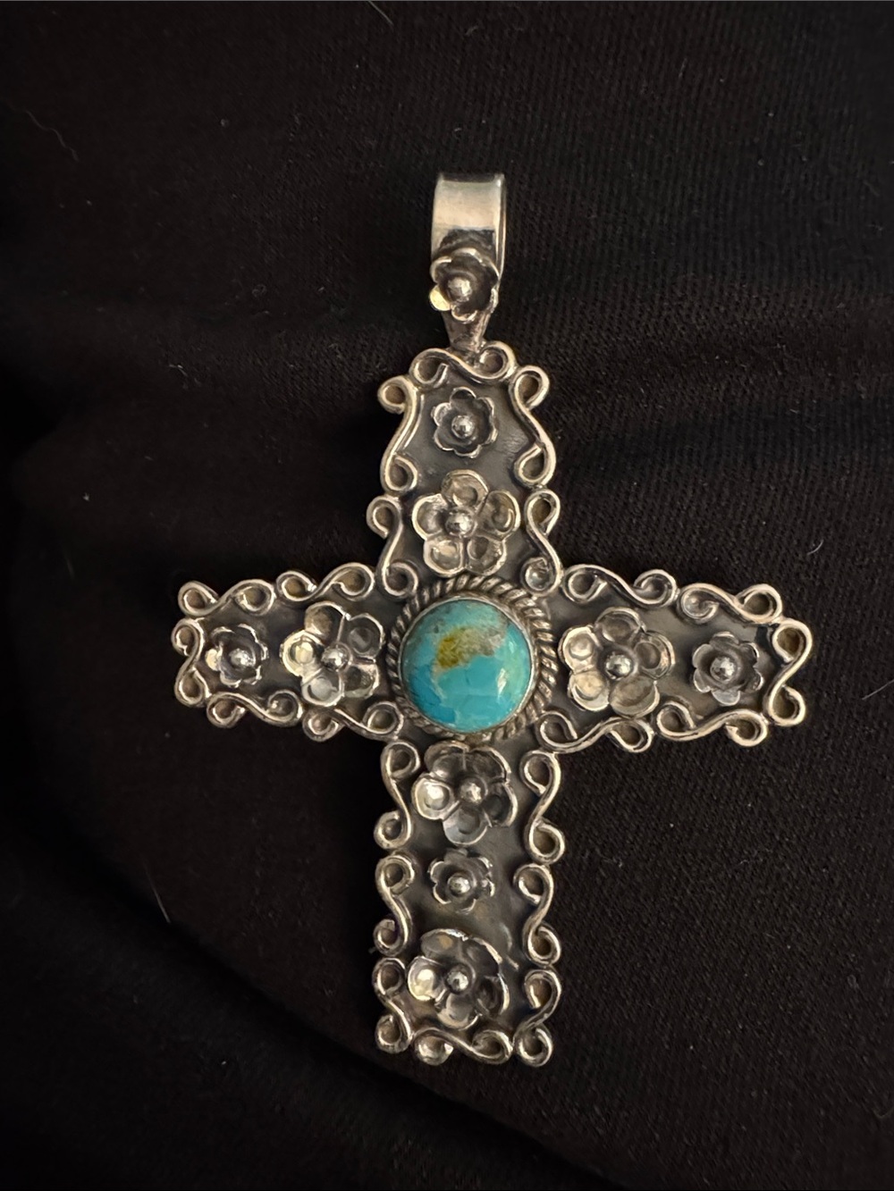 Sterling Silver Floral Cross Pendant with Mohave Turquoise Accent